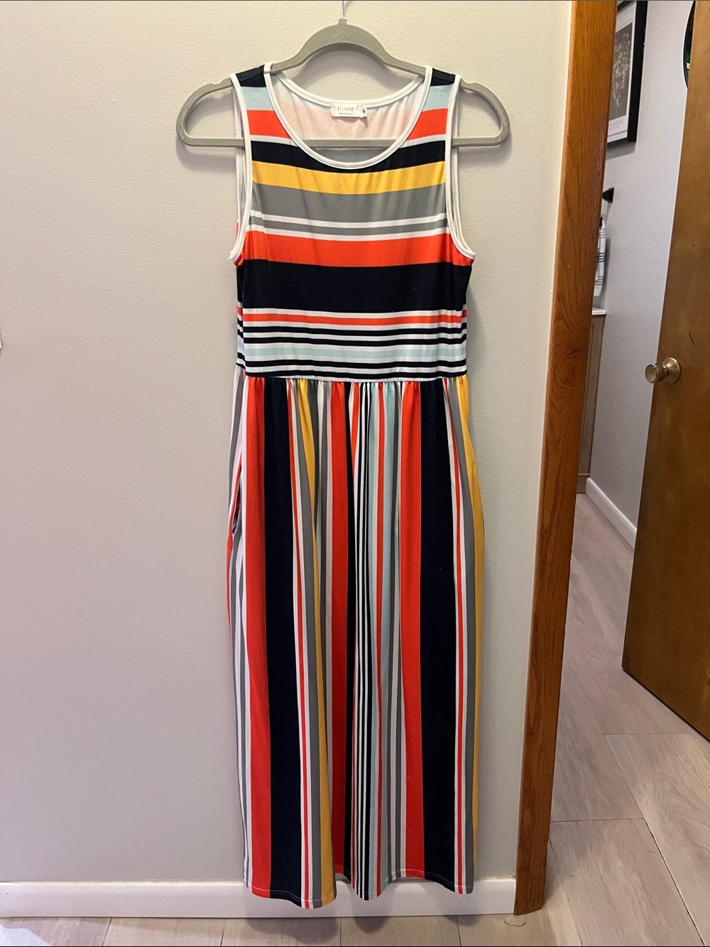 Striped Maxi Dress in Navy, Orange. Sage, light blue & Yellow